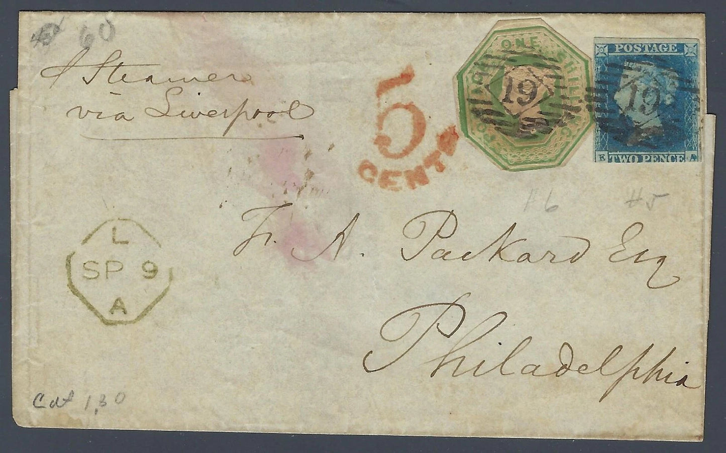 1853 Breat Britain Scott 4&5 Green Embossed+2d Blue Cover to Philadelphia