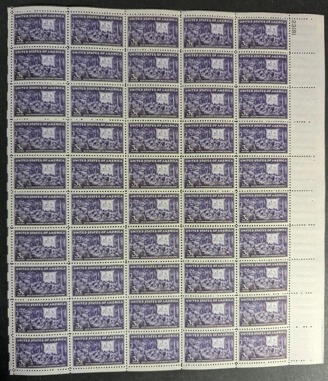 1944 USA Motion Pictures 3c Sheet -Scott 926 -MNH, Undisturbed OG - No Sig Flaws