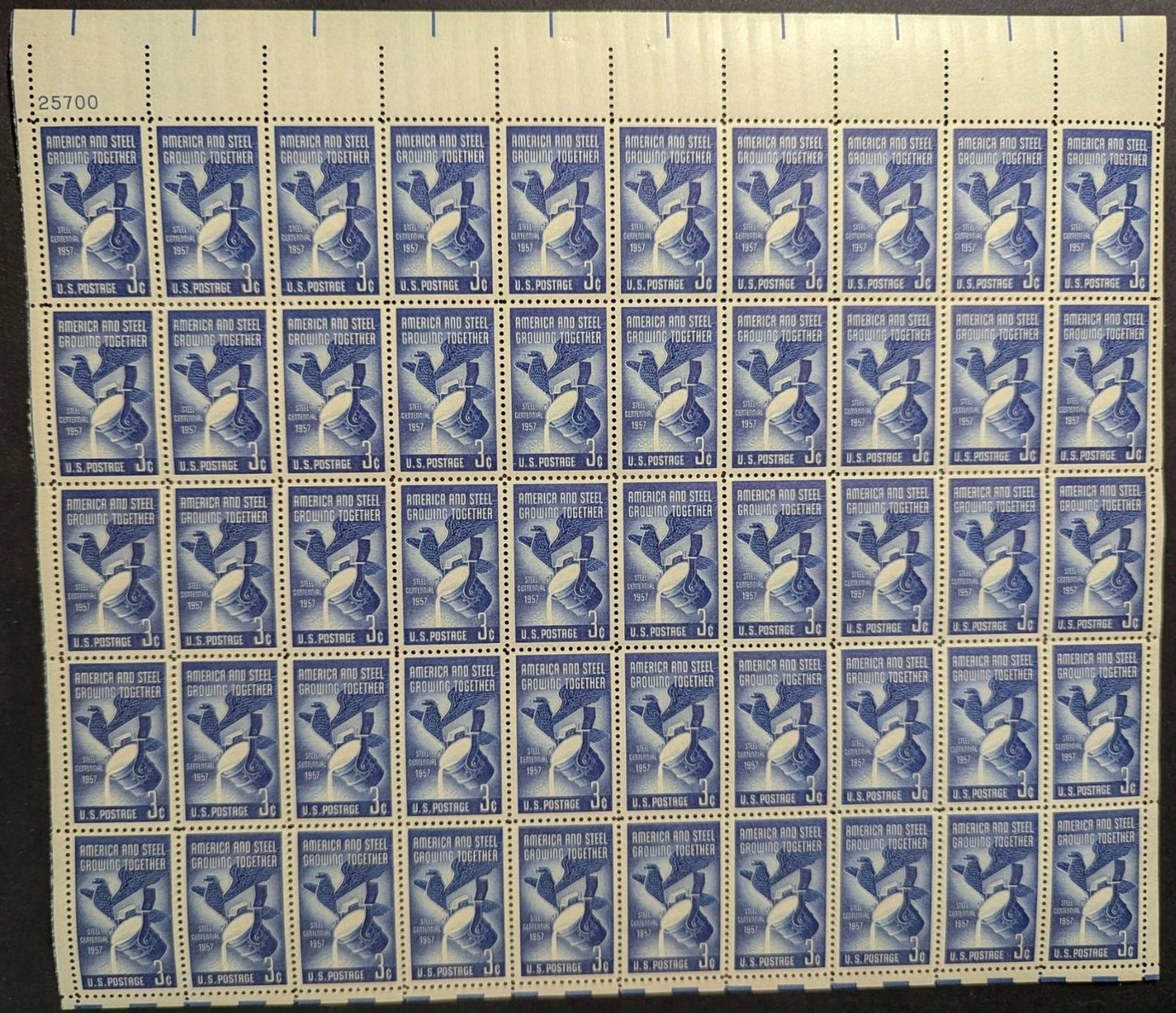 1957 USA 3c Steel Industry Sheet -Scott 1090 -MNH, Undisturbed OG -No Sig Flaws