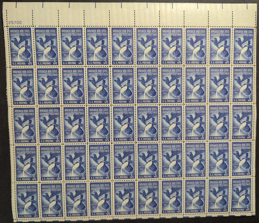 1957 USA 3c Steel Industry Sheet -Scott 1090 -MNH, Undisturbed OG -No Sig Flaws