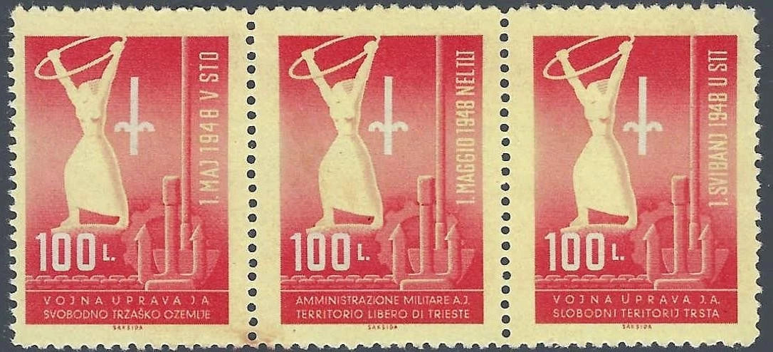 1950 Yugoslavia-Trieste Zone B Scott 3a MNH, Undisturbed Gum -Strip of 3! - $95