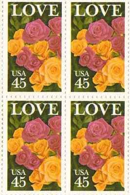 1988 Love Roses Block of 4 45 Cent US Postage Stamps - Scott 2379