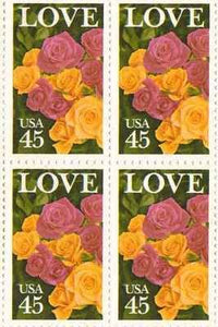 1988 Love Roses Block of 4 45 Cent US Postage Stamps - Sc# 2379