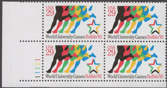 1993 World University Games Plate Block of 4 29c Postage Stamps, Scott 2748, MNH