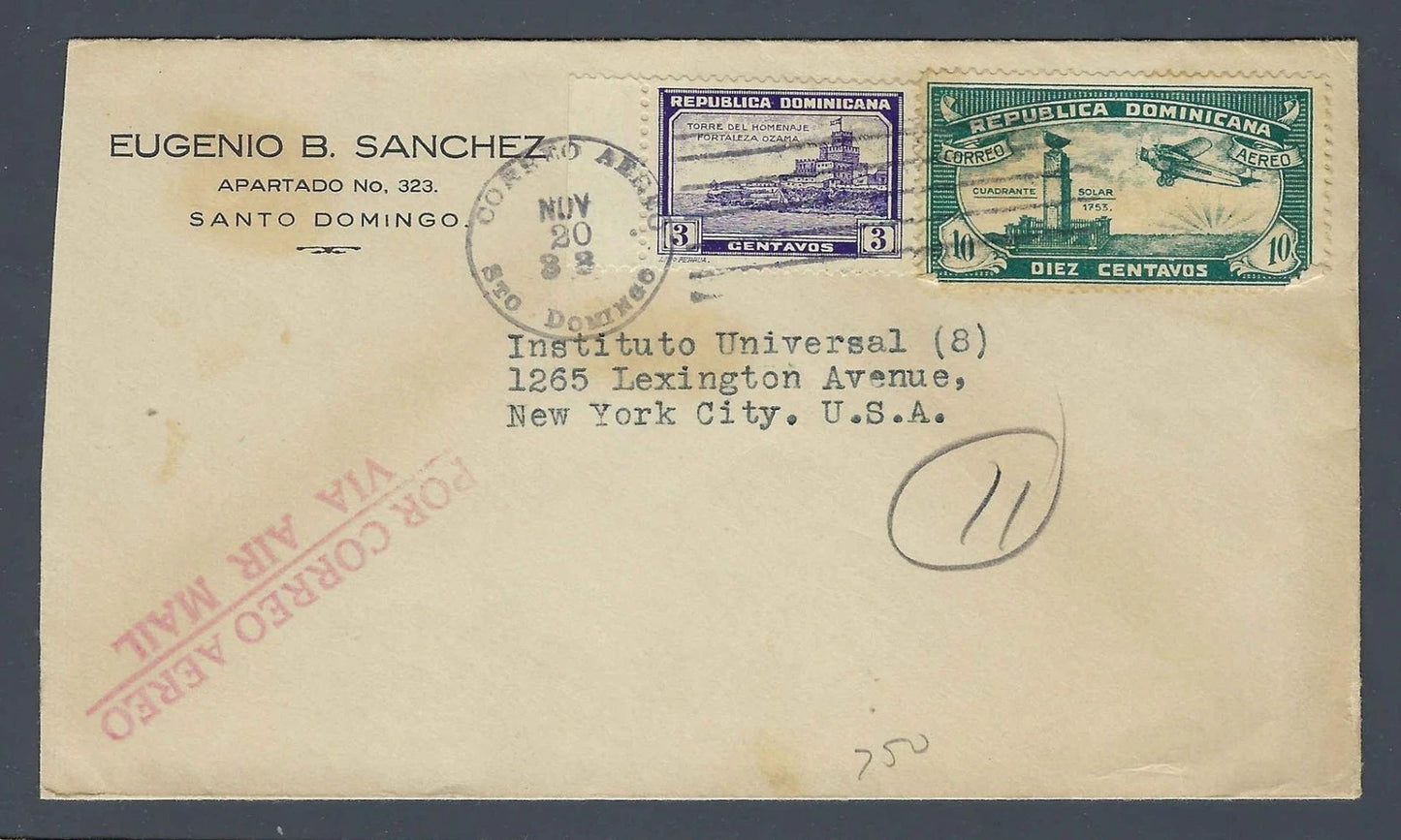 1933 Dominican Republic Airmail Cover Santo Domingo to New York City USA