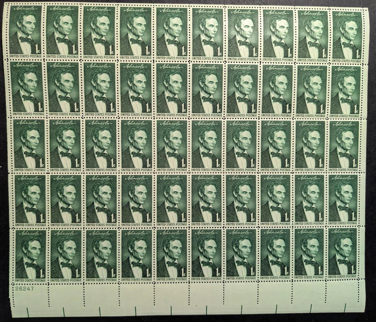1959 USA 1c Abe Lincoln Sheet -Scott 1113 -MNH, Undisturbed OG -Lite Crease UR