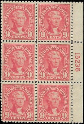 c1923 - USA - Scott 561 Jefferson Plate Block of 6 - MLH, OG - Cat= $225