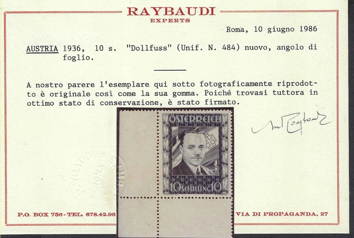 1936 Austria Scott 380 Dollfuss 10s Mint Never Hinged Corner Margin Raybaudi