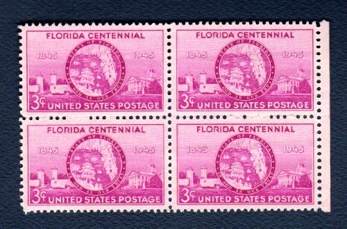 1945 Florida Statehood Centenary Block of 4 3c Postage Stamps, Scott927, MNH, OG