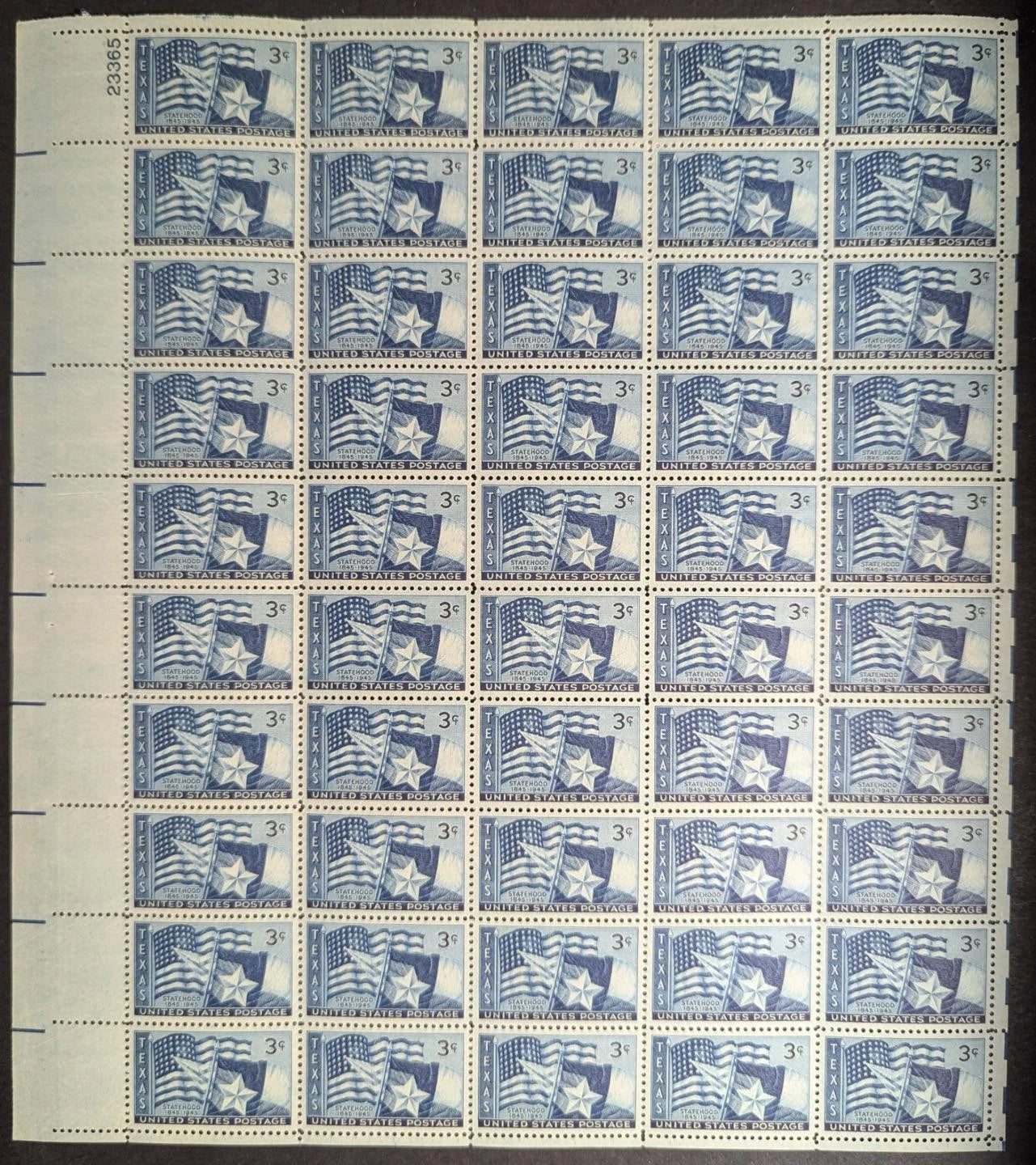 1945 USA Texas Statehood 3c Sheet -Scott 938 -MNH, Undisturbed OG -No Sig Flaws