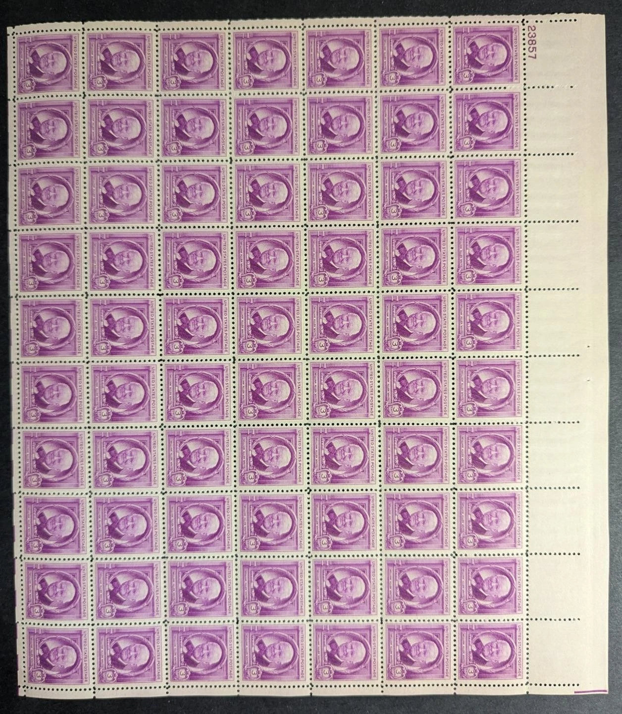 1948 USA William White 3c Sheet -Scott 960 -MNH, Undisturbed OG - No Sig Flaws