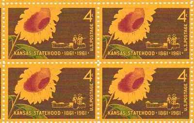 1961 Kansas Statehood Block of 4 4c Stamps, Scott 1183, MNH, OG