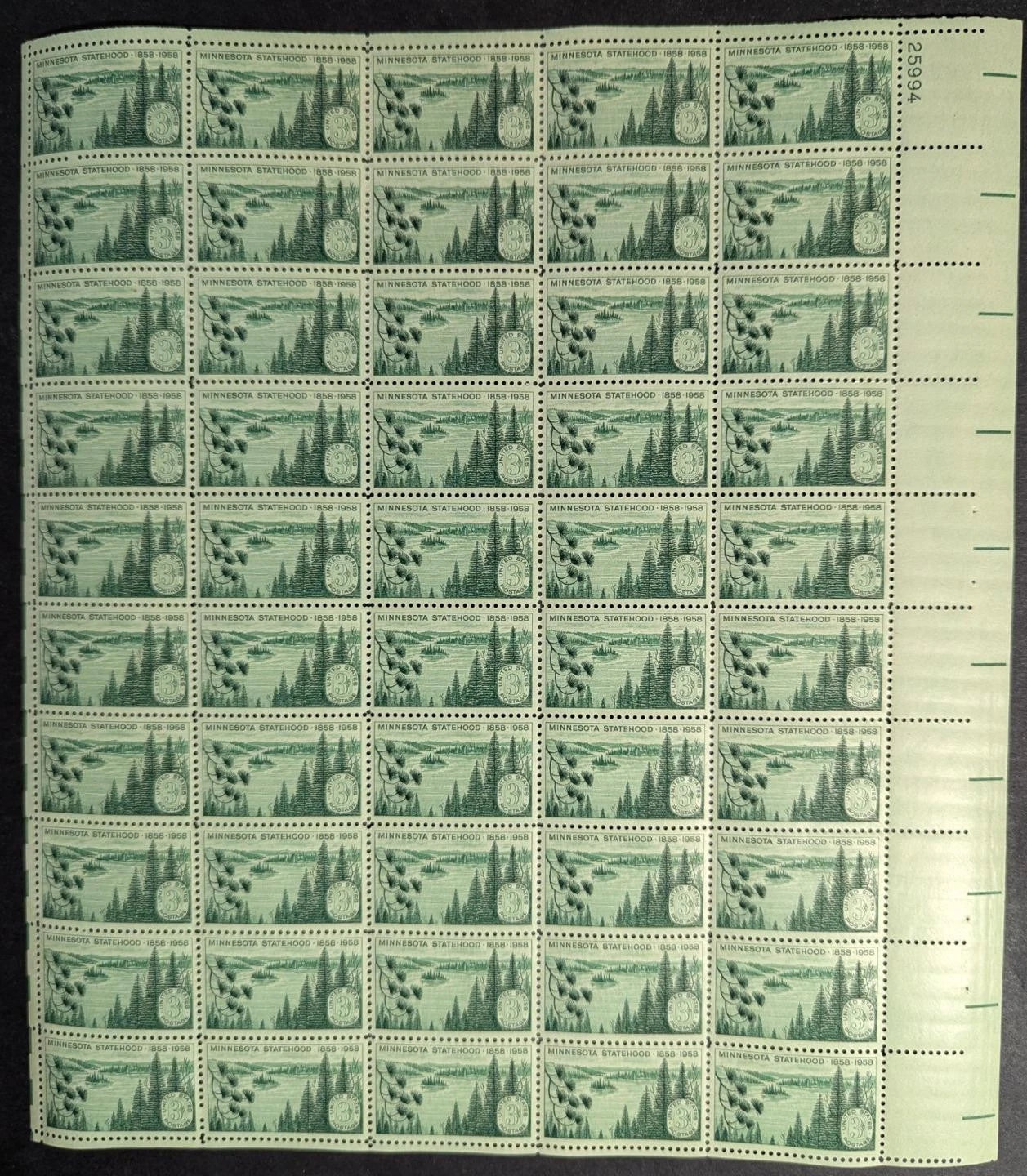 1958 USA 3c Minnesota Sheet -Scott 1106 -MNH, Undisturbed OG -No Sig Flaws