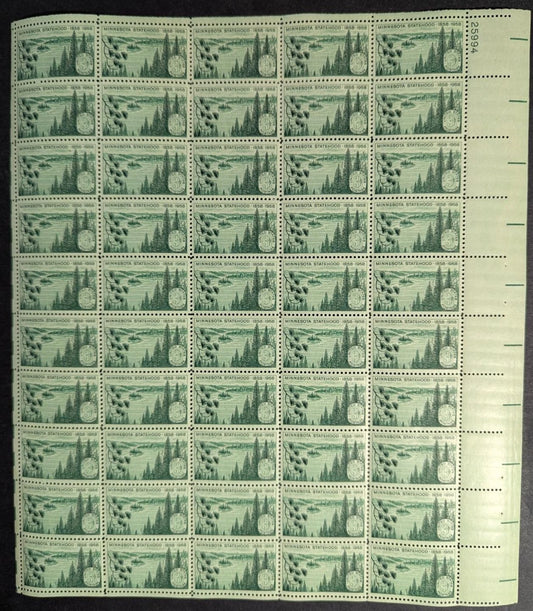 1958 USA 3c Minnesota Sheet -Scott 1106 -MNH, Undisturbed OG -No Sig Flaws