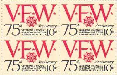 1974 Veterans of Foreign Wars Block of 4 10c Postage Stamps, Scott1525, MNH, OG