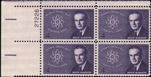 1962 Brien McMahon Atomic Energy Plate Block of 4 4c Stamps -Scott 1200- MNH,OG