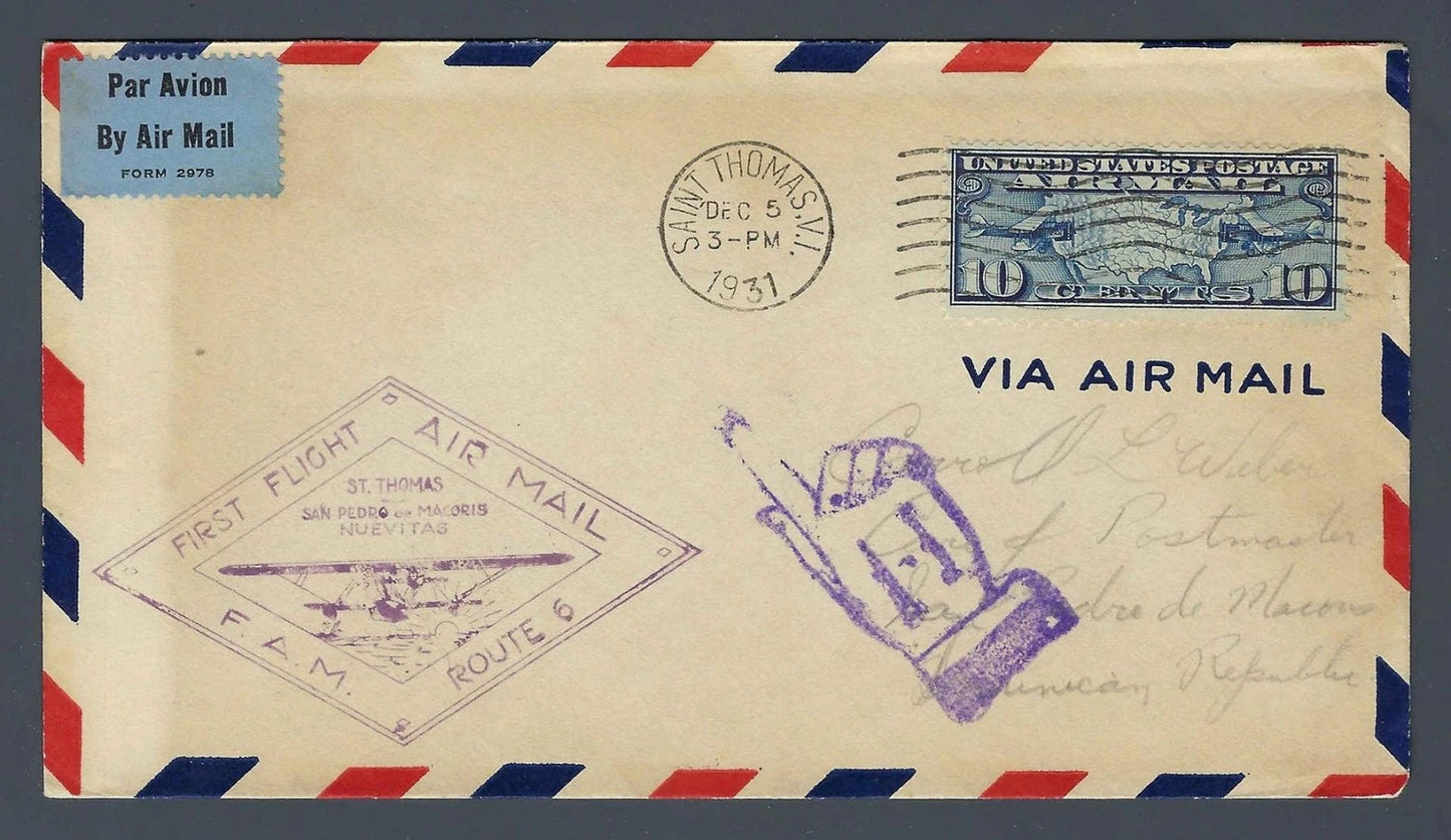 1931 FAM 6 First Flight Cover St Thomas Virgin Islands to San Pedro de Macoris