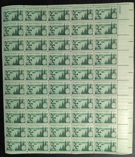 1958 USA 3c Minnesota Sheet -Scott 1106 -MNH, Undisturbed OG -No Sig Flaws