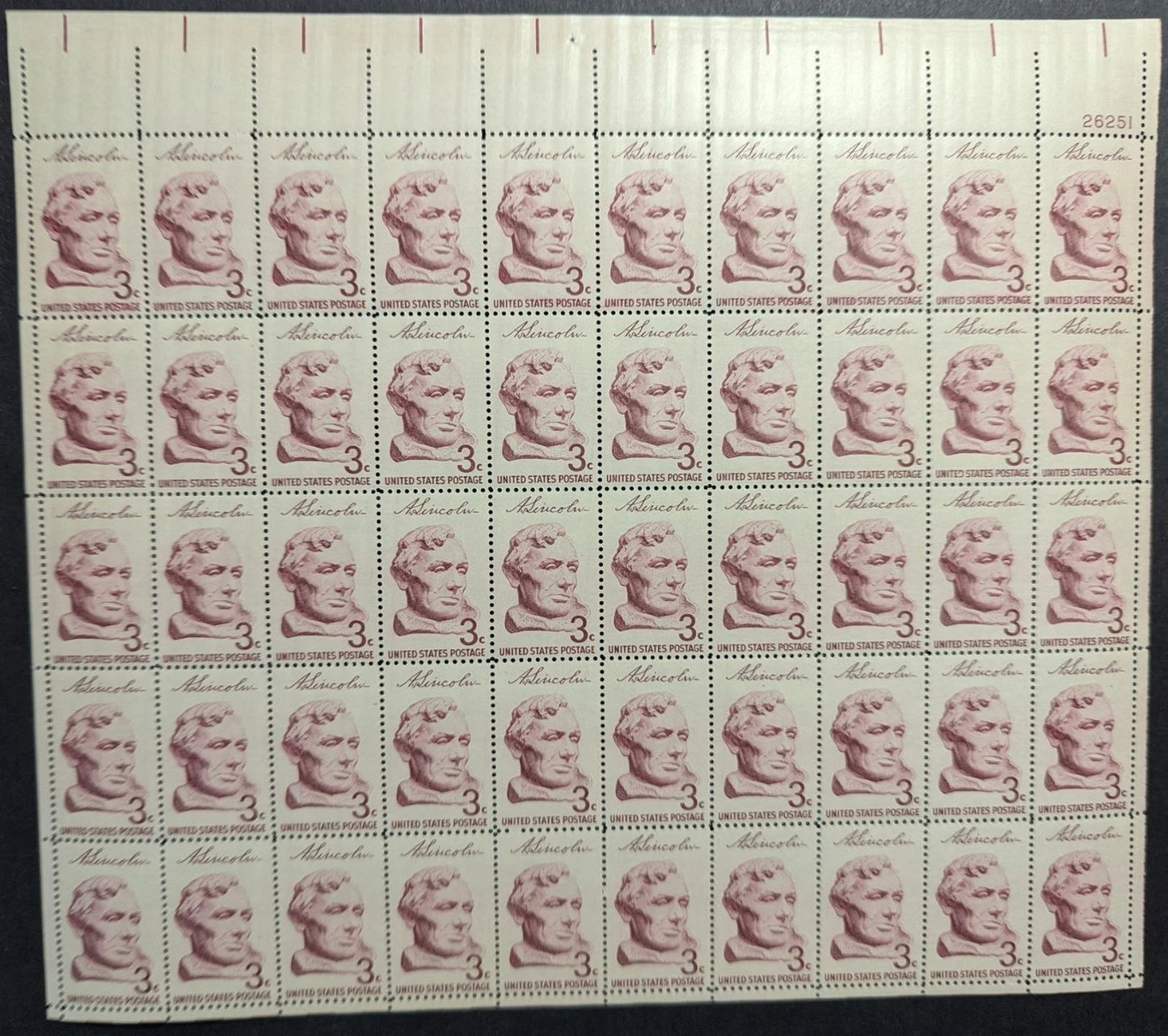 1959 USA 3c Lincoln Sheet -Scott 1114 -MNH, Undisturbed OG -Pulled Perf Corner