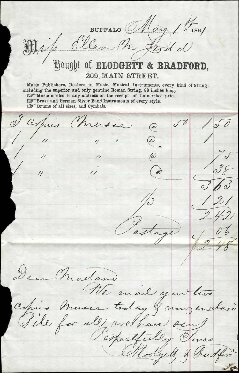 c1861 - Scott #26 On Embossed Ad Cover -Blodgett & Bradford Music Store, Buffalo