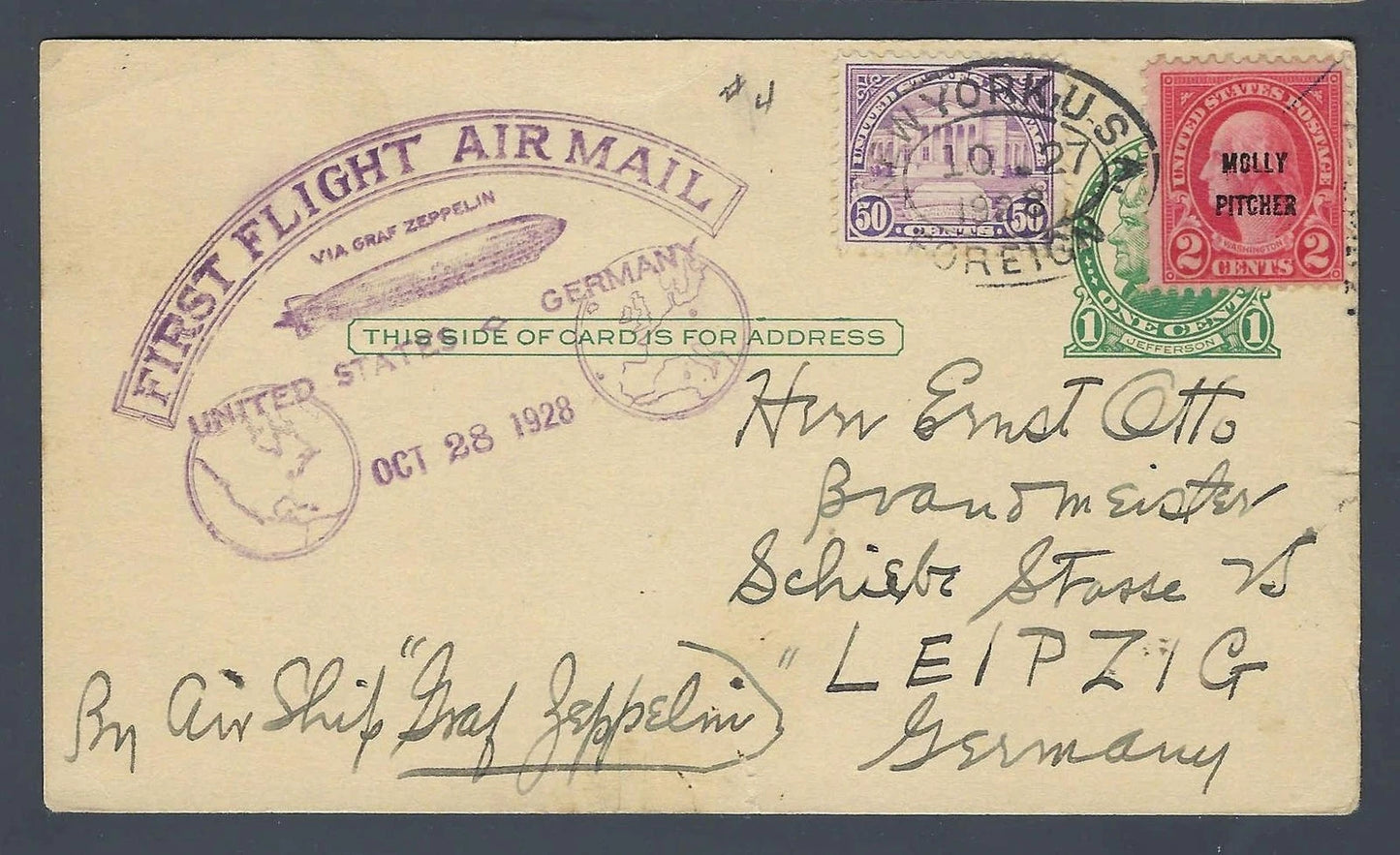 1928 Graf Zeppelin LZ-127 Flight Postal Card Leipzig 53c Rate Scott 570 646