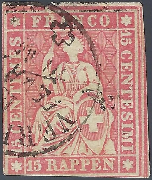 1858 Switzerland - Scott 38 - Used - Thin Top Edge