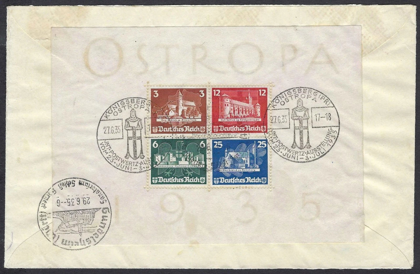 1935 Germany B68 OSTROPA Souvenir Sheet Tied on Registered Cover