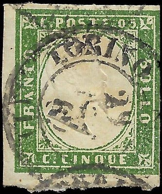 1862-3 Sardinia Italy 5c Stamp -Scott 10 - 3 Margins - Used