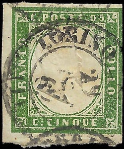 1862-3 Sardinia Italy 5c Stamp -Sc# 10 - 3 Margins - Used