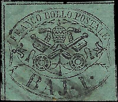 VEGAS - 1852 Roman States, Italy 1b Stamp - Scott 2a (Blue-Green Variety) - Used
