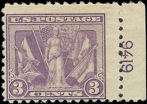 c1919 - #537 "Victory" 3c - MH, OG with Plate Number