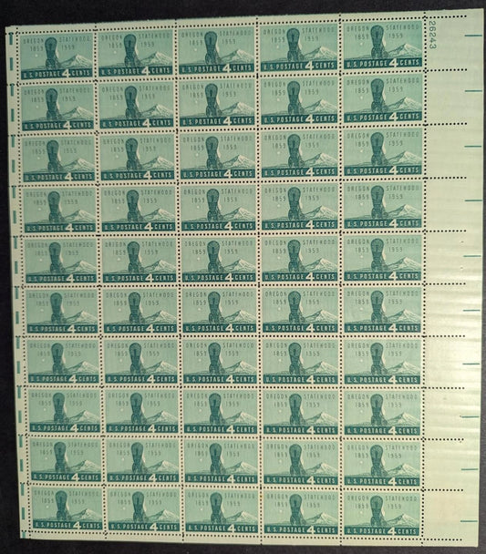 1959 USA 4c Oregon Sheet -Scott 1124 -MNH, Undisturbed OG -No Sig Flaws