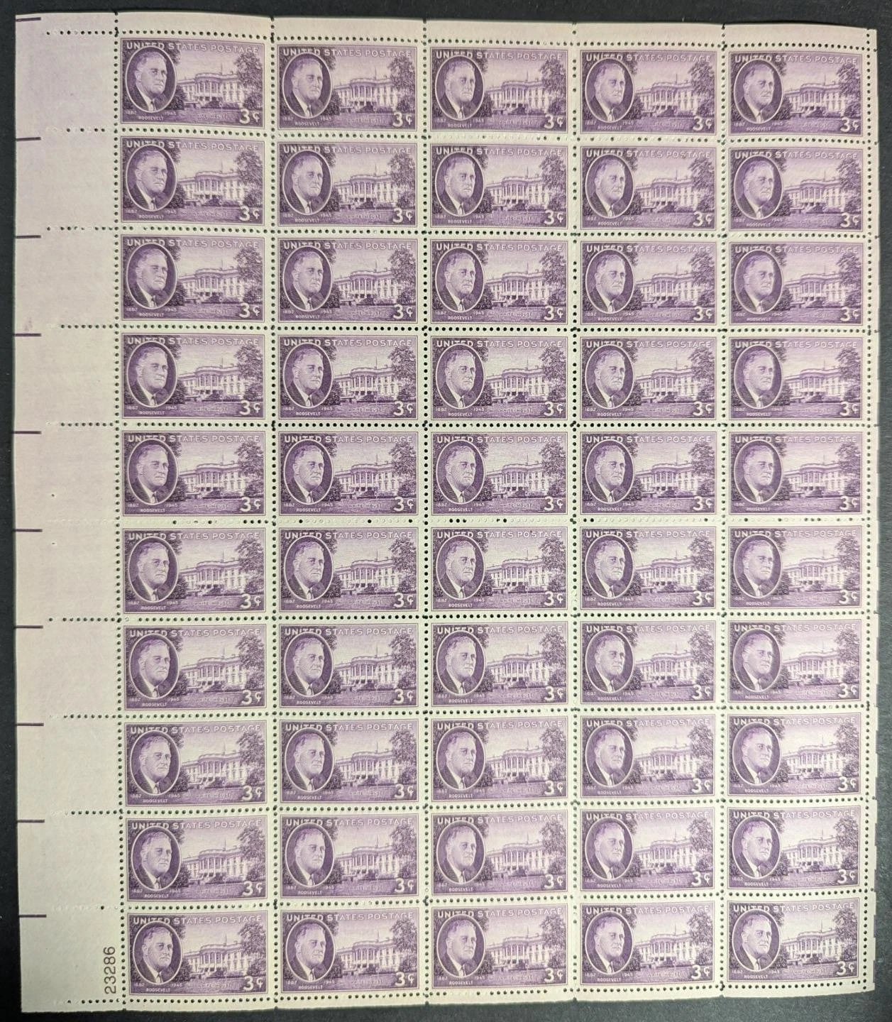 1945 USA F. Roosevelt 3c Sheet -Scott 932 -MNH, Undisturbed OG -No Sig Flaws