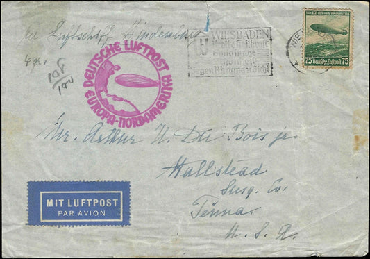 c1936 Hindenburg Transported Cover Wiesbaden, Germany to Hallstead, TN -READ
