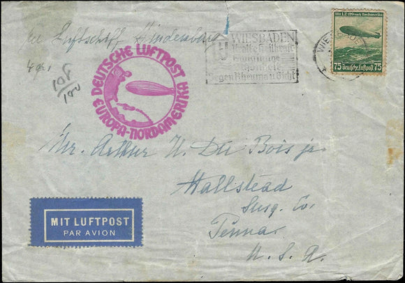 c1936 Hindenburg Transported Cover Wiesbaden, Germany to Hallstead, TN -READ