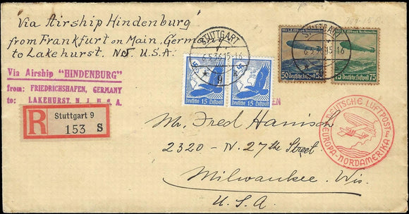 1936 Hindenburg Transported Registered Cover Frankfurt to Lakehurst, NJ