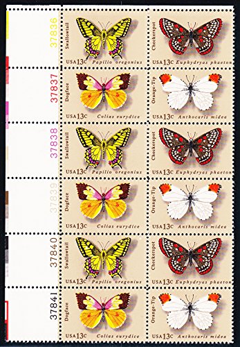 1977 Butterflies Plate Block of 12 13c Postage Stamps, Scott1712-1715, MNH, OG