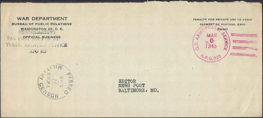 1945 WWII APO 925 Far East Air Forces Official Cover War Dept FEAF Censored