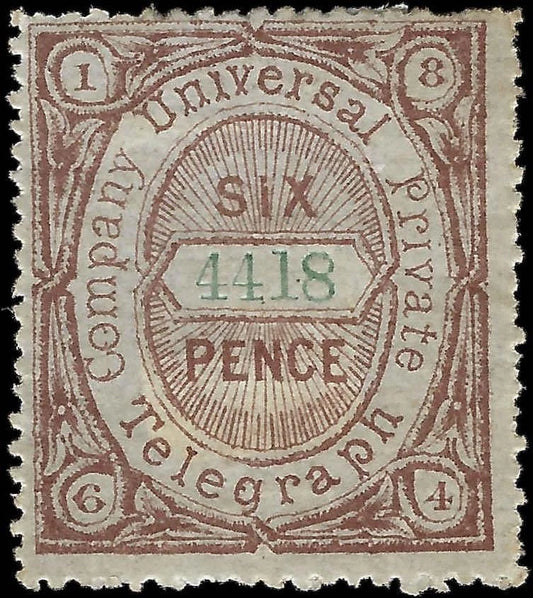 Great Britain 1864 Universal Private Telegraph Co 6d Brown Green Control MH, OG