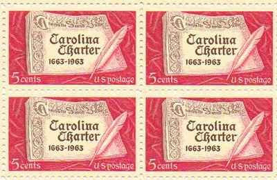 1963 Carolina Charter Block of 4 5c Postage Stamps, Scott1230, MNH, OG