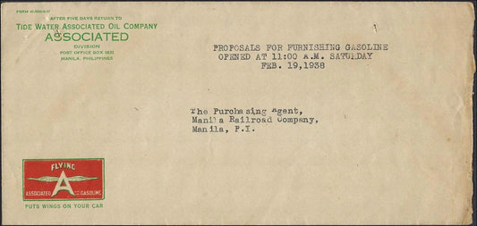 1938 Manila Philippines Flying A Gasoline Advertising Cover Tide Water Oil Co