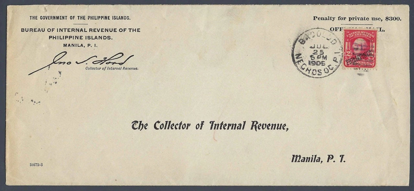 1905 Philippines OB Official Cover Bacolod Bureau Internal Revenue HR Harmer