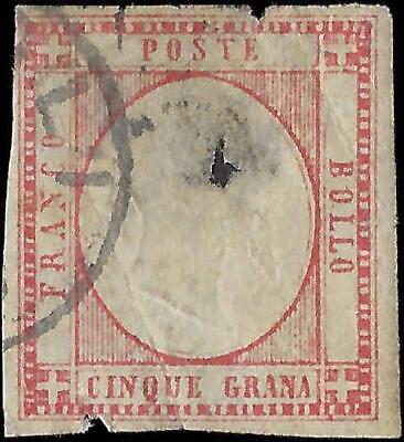 VEGAS - 1861 Two Sicilies, Italy 5s Stamp - Scott 23 - Used - Damaged