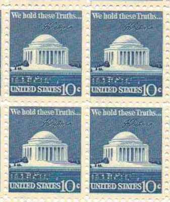 1973 Jefferson Memorial Block of 4 10c Postage Stamps, Scott1510. MNH, OG