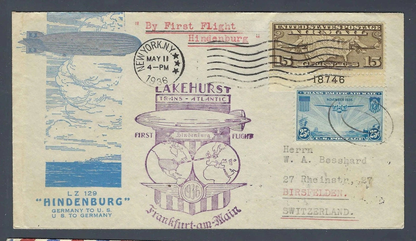 1936 Hindenburg First Flight Cover New York to Switzerland C8 C20 Pair
