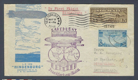 1936 Hindenburg First Flight Cover New York to Switzerland C8 C20 Pair