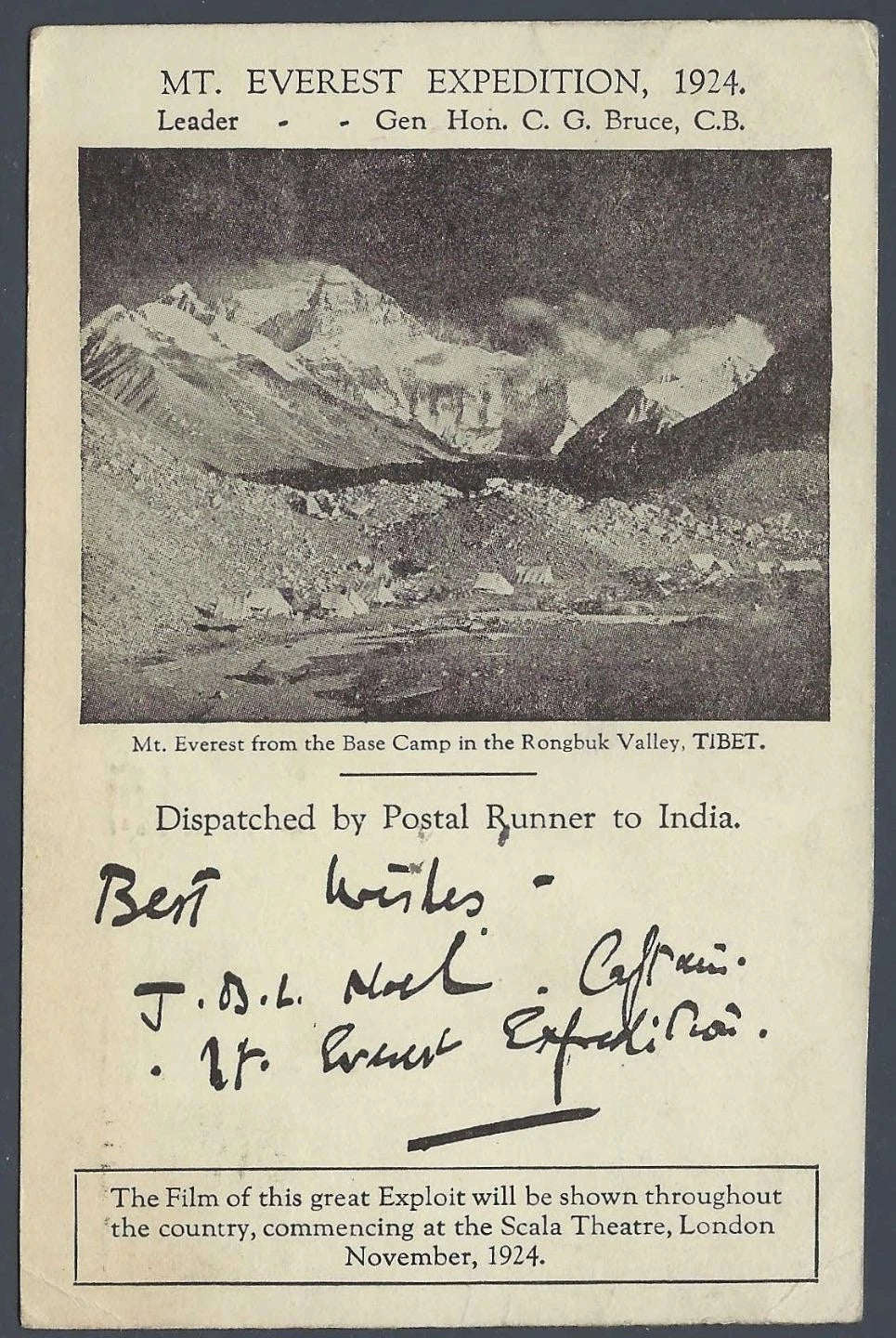 1924 Mt Everest Expedition Postcard Rongbuk Base Camp Calcutta India