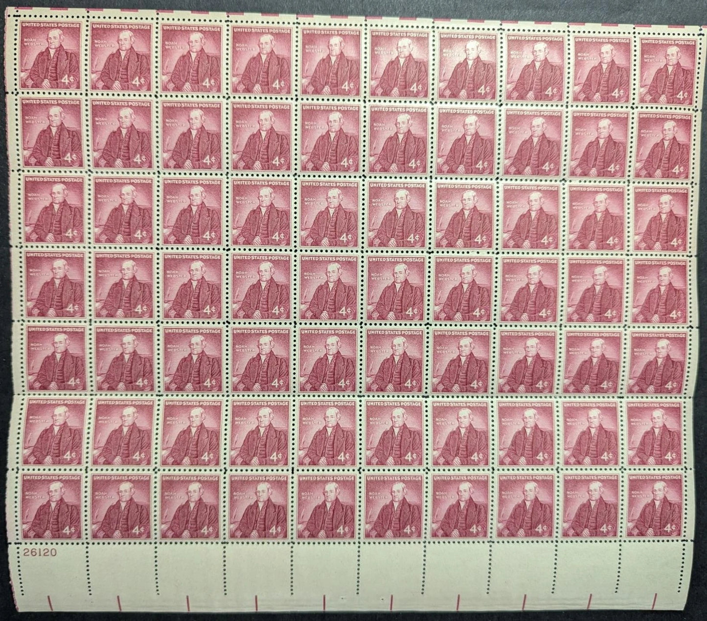 1958 USA 4c Noah Webster Sheet -Scott 1121 -MNH, Undisturbed OG -No Sig Flaws