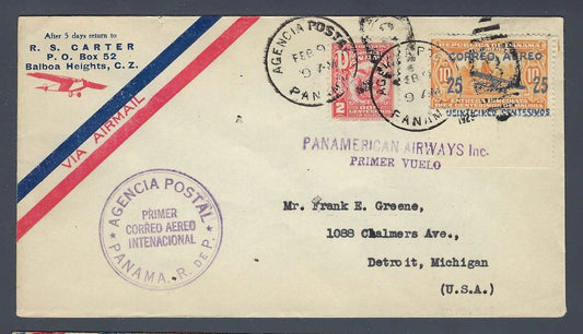 1929 Panama First International Airmail Cover Balboa Heights to Michigan