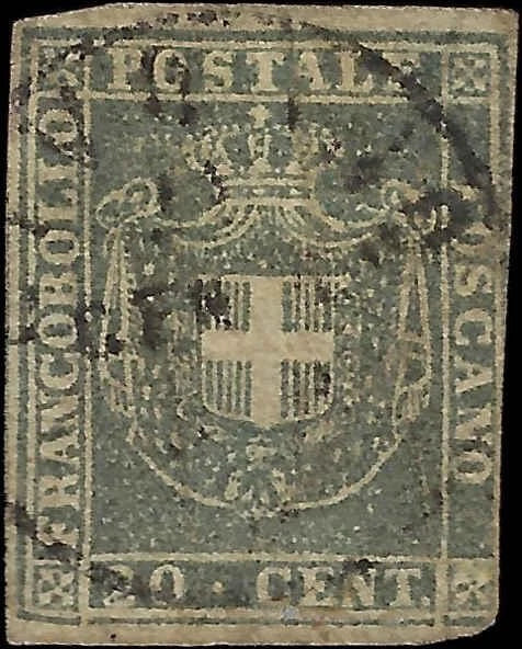 1860 Tuscany, Italy 20c - Scott 21 - Used - Grey Blue - Cat= $220!